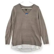 Hilary Radley Layered Sweater Womens Large V-Neck Taupe Knit Long Sleeve Top NWT