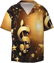 [HVTTIOR] Gold Musical Note with Fallen Shiny Star Print Short Sleeve Shirt Cuban Collar Beach Casual Style Summer Vacation Relaxed Fit