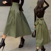 Ribbon Midi A-Line Skirt Army Green - L