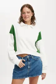 [Cotton On Women] Cotton On Women - Classic Fleece Button Up Sweatshirt - White/emerald green XL WHITE/EMERALD GREEN