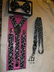Unisex Black White Musical Notes Suspenders,Lanyard&matching Bowtie Bow Tie-New!
