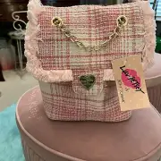 Luv Betsey Johnson Pink Tweed Backpack Purse Handbag Gold Chain Valentines NWT