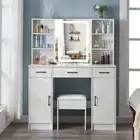 White Dressing Table and Stool Makeup Mirror Storage Desk LED Light Vanity Table