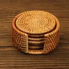 Handmade Rattan Drink Coasters Woven Wicker Set of 6 w/Holder Rustic Table Decor