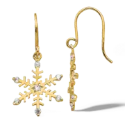 14K Solid Yellow Gold CZ Snowflake Dangle Earrings