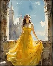 Beautiful Lady Paint by Numbers Kit for Adults - DIY Lady in Yellow Dress by Castle Window Painting on Canvas 16x20 Inches, Acrylic Paint Sete for Beginners, Art for Home Decoration or Gifts