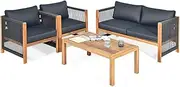 Costway 4PCS Acacia Wood Outdoor Patio Furniture Set Cushioned Sofa W/Nylon Rope Armrest