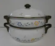 Vintage Set Enamelware & Brass Hardware Casserole & Stockpot Floral with Lid