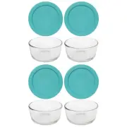 Pyrex (4) 7200 2-cup Glass Bowls & (4) 7200-PC Turquoise Blue Lids