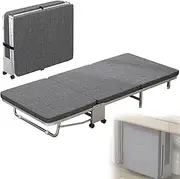 Foldable Bed, Rollaway Bed, Space-Saving, Portable Bed with Portable Foldable Guest Bed Pure White Sponge Mattress Gray Portable Sturdy Metal Frame and Wheels for Guest, Escort, Rest, Siesta, nap.