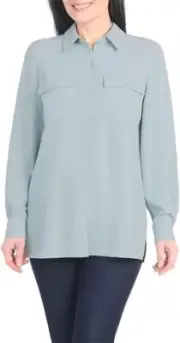 Hilary Radley Womans Button-up Shirt Pocket Top, Light Blue, M*