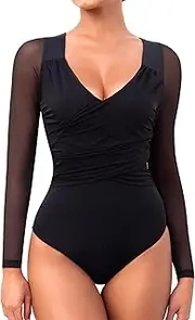 [Xibing] V Neck Bodysuits for Womens Long Sleeve Sheer Mesh Ruched Body Suits Going Out Tops S-XL