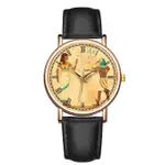 時尚藝術風格馬古埃及壁畫表盤經典女款手錶黑色皮帶腕錶