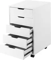 Mobile File Cabinet 5 Drawer Filing Storage Document Organiser with Wheels Under Desk Rolling Drawer Chest of Drawers for Home Office White 40x38x68cm
