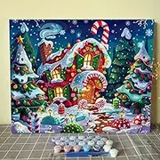 Christmas Candy House DIY Paint by Numbers for Adults Winter Snow Xmas Landscape DIY Oil Painting Acrylic Paint Art Painting Kits Canvas with Acrylic Paints Cute Holiday Art 16x20 Inch（without Frame）