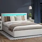 Oikiture Bed Frame Double Size RGB LED Gas Lift Storage Base White
