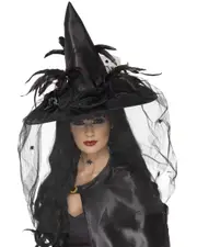 Black Deluxe Witch Hat with Feathers and Netting