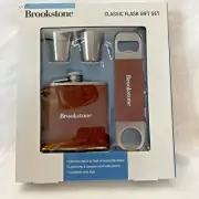 NEW Brookstone Flask Set Letherette 6oz Stainless Steel 2 Cups & Bottle Opener