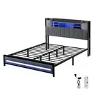 Levede Queen Bed Frame Linen Upholstered Storage Headboard LED Charging 2 Ports