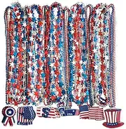 50 Pack 4th of July Beads Necklaces Bulk, Include 32 Pack Star Necklace and 18 Pack Round Beads Necklace Hanging With Pendants For 4th of July Decoration, Memorial Day Party Favors