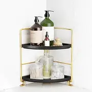 FSyueyun 2-Tier Corner Bathroom Countertop Organizer, Kitchen Spice Rack Makeup Storage Shelf Vanity Bedroom Storage Tray (Gold & Black)