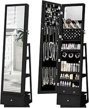 [AUSWAY] Swivel Jewellery Cabinet Standing Rotating Jewellery Storage with Full Length Mirror 360 Degree Mirror Freestanding Organiser Box Jewelry Organizer with LED Lights & Vanity Mirror Black