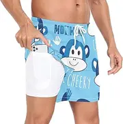 [GuoChe] Swimming Shorts for Men Men's Lined Running Shorts Blue Monkey Funny with Liner Inseam Mens Bathing Suit Quick Dry