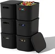 ORGIDOL 6 Pack Black Storage Bins with Lids Stackable Storage Container for Organizing, Black Storage Boxes with Handle for Shelves, Cute Organizer Bins for Craft, Snacks, 9.85x6.9x5.7 inch