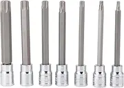 SOULONG 7Pcs Torx Star Bit Socket Set Extra Long 110mm Shaft Torx Bit Sockets Set 3/8 Inch Drive Chrome Vanadium Steel with Plastic Case for Hard to Areas