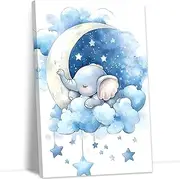 YMXZHUANSH Baby Boy Nursery Canvas Wall Art Elephant Pictures Wall Decor Nursery Moon and Stars Prints for Kids Room Decor Frame(Blue 16.00" x 24.00")
