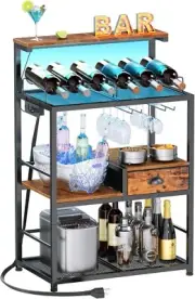 Korfile Bar Cart with Power Outlet & LED Lights, 4-Tier Freestanding Alcohol...