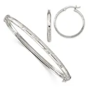925 Sterling Silver 4mm Bangle Bracelet 3mm Hoop Earrings Set
