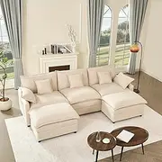 [GOSUHI] 108" U Shaped Couch, Modular Sectional Sofa, 3-Seater Comfy Cloud Couch with Movable Ottoman, Deep Seat Couches for Living Room, Linen, Beige