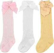 [Shengxi] 3 Pairs Bow Baby Girl Knee Socks Knitted Grid Overknee Stockings Socks Toddler Infant Long Socks Newborn Summer Socks with Bow for Baby Children Birthday 0-2 Years, White, pink, yellow, 24