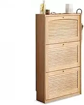 Solid Wood Slender Shoe Cabinet with Slant Scoop Front Pouch, Ultra Thin Veranda Design, Roll Up Door Floor Locker for Living Room Entryway Shelf