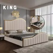 NNEDSZ Elegant Luxury King Size Bedframe in Beige with Gas Lift Storage Velvet F