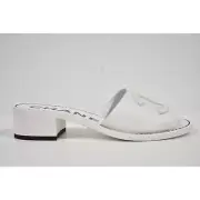 Chanel 22S White Calfskin Leather CC Logo Mules Slide Sandal Block Heel Flat 40