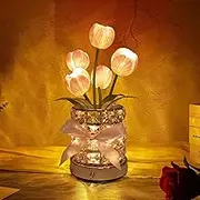 ZOTIKA Tulip Crystal Flower Lamps, USB Rechargeable Cordless Lamps, 3 Colors Dimmable Artificial Flowers Light, for Home Date Party Decoration (Tulip Pink)