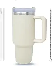 40 oz Jatsmore Cream Insulated Tumbler with Handle and Straw Lid - Spill-Proof Travel Coffee Mug for Hot & Cold Drinks - Dishwasher Safe