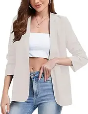 [YOUNIFIZ] Women's Linen Blazer Jackets 3/4 Ruched Sleeves Lightweight Button Lapel 2025 Casual Slim Spring Summer Suit