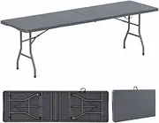 Costway 245cm Outdoor Portable Folding Table, 160kg Fold-in-Half Table w/HDPE Tabletop, Safe Lock Mechanism, Patio Folding Dining Table w/Carrying Handle for Party, Picnic, Camping (Gray)