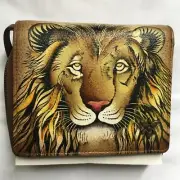 ANUSCHKA HAND PAINTED LION MINI TWO FOLD LEATHER CROSSBODY WALLET PURSE MG