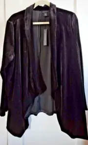 NWT Tahari Velvet Cardigan Drapey waterfall collar open front black lined Sz 2X