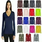 Women Ladies Plain V-Neck Long Sleeve Jersey Stretchy Casual T-Shirt Top UK 8-26