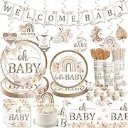 138pcs Boho Baby Shower Decorations Tableware Set, Boho Baby Shower Decorations For Girl Floral Boho Party Plates Napkins Banner Boho Rainbow Baby Shower Decorations Serve 20