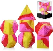 DNDND Silicone Dungeons and Dragons Dice Set, 7PCS Silicone Rubber DND Die with Clear Plastic Display Case for D&D Role Playing Games and Tabletop Games（Pink Yellow Red
