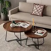 Round Nesting Side Coffee Table Set, Antique Wood Finish, Urban Industrial Style