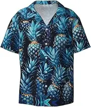 [YANYU] Blue Pineapple Print Hawaiian Shirts Men Short Sleeve Button Down Cuban Collar Shirt Summer Beach Days