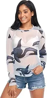 [RPLIFE] Playful Orcas White Mesh Sleeve Tops for Women, Sheer Rave Top S-XXL