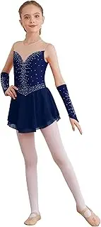 [Kvysinly] Kids Girls Sleeveless Figure Ice Skating Dance Dress Sparkly Rhinestone Ballet Skirted Leotard With Gloves Set